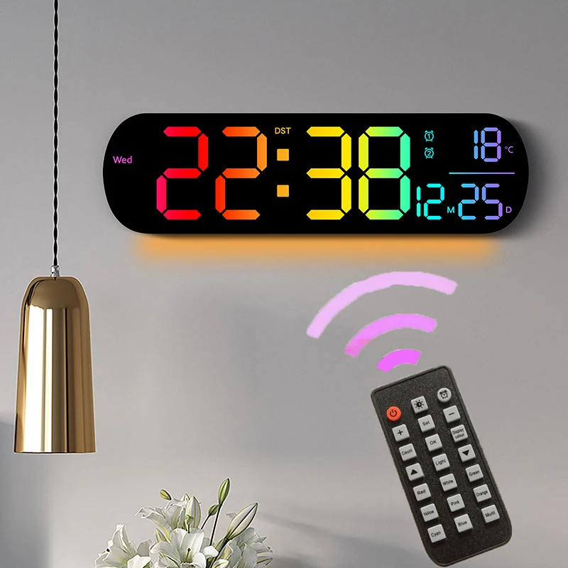 RGB Colorful Large Digital Wall Clock Temperature Date and Week Display Dual Alarm Clock Electronic Watch with Remote Control