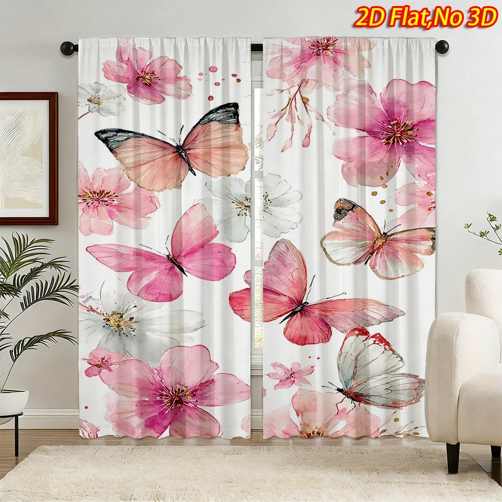 2D Flat Printed Butterfly Floral Curtain 2pcs Polyester Privacy Window Curtain for Bedroom Living Room