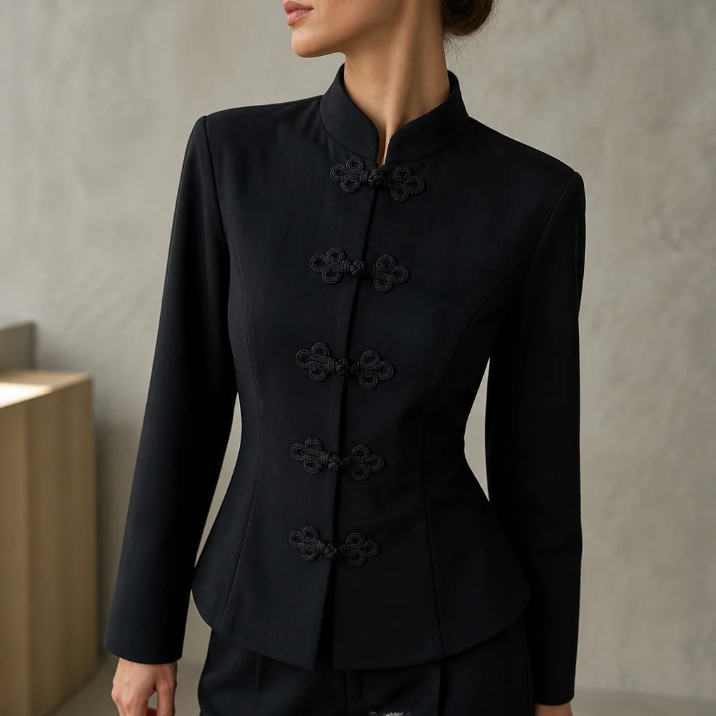 Women's Elegant Chic Chinese Style Blazer Mandarin Collar Frog Button Long Sleeve Slim Fit Suit Jacket For Casual Street Formal
