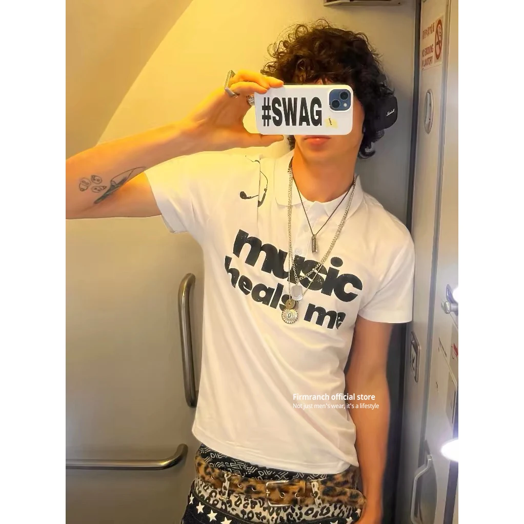 Firmranch White Polo Short Sleeve Shirt With Music Heals Me Printed Pattern For Men Women Loose Lapel T-shirt Summer Fashion