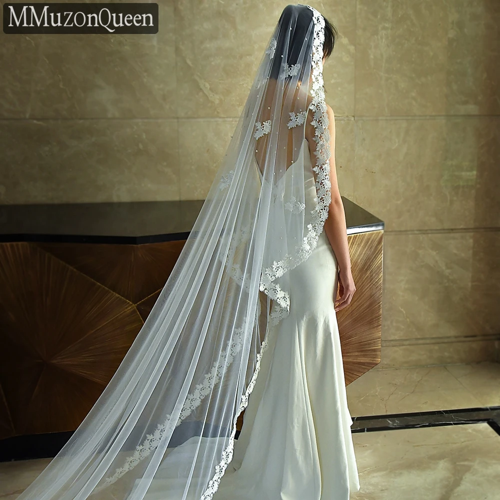 MMQ Luxury Embroidered Edge Pearl Embellished Bridal Veil Cathedral Wedding Accessory 3 Meters Mop The Floor  M10