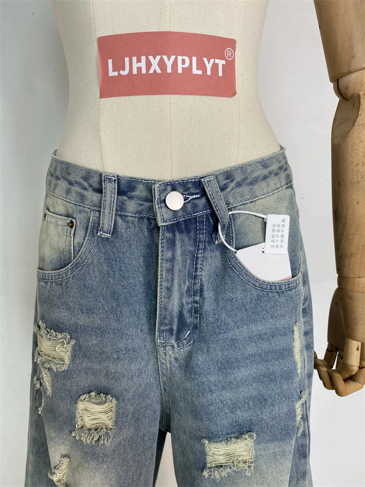 Women's Asymmetrical Holes Distressed Denim Shorts Cool Girl Wide-leg Calf-length Pant Female Capris Straight Cropped Jeans
