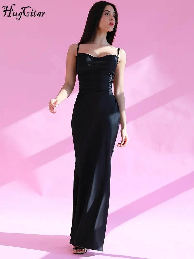 Hugcitar Elegant Satin Slips Backless Solid Bandage Sexy Bodycon Maxi Dress Summer Women Clothes Evening Party Birthday Vacation