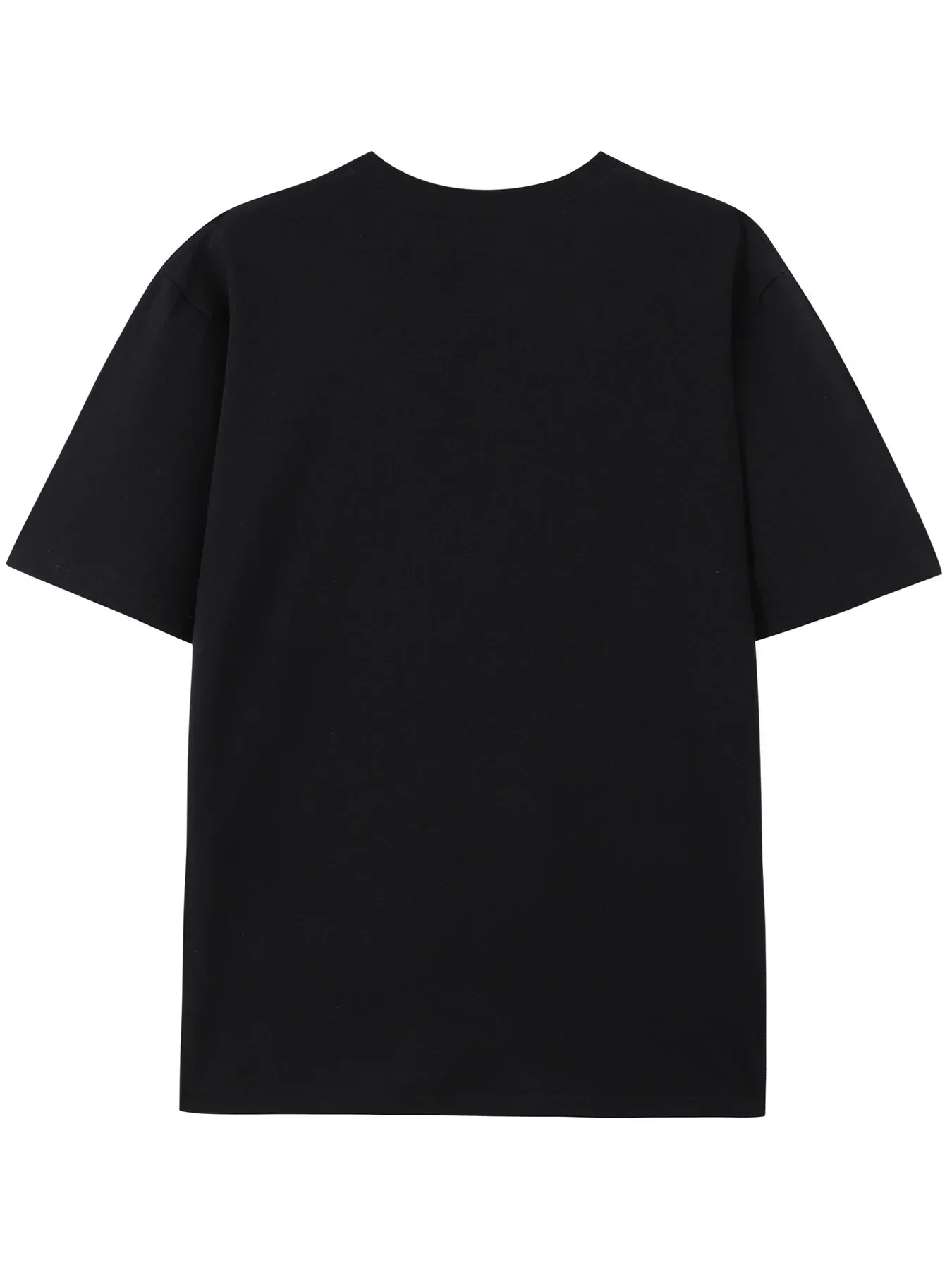 A black T-shirt featuring a 