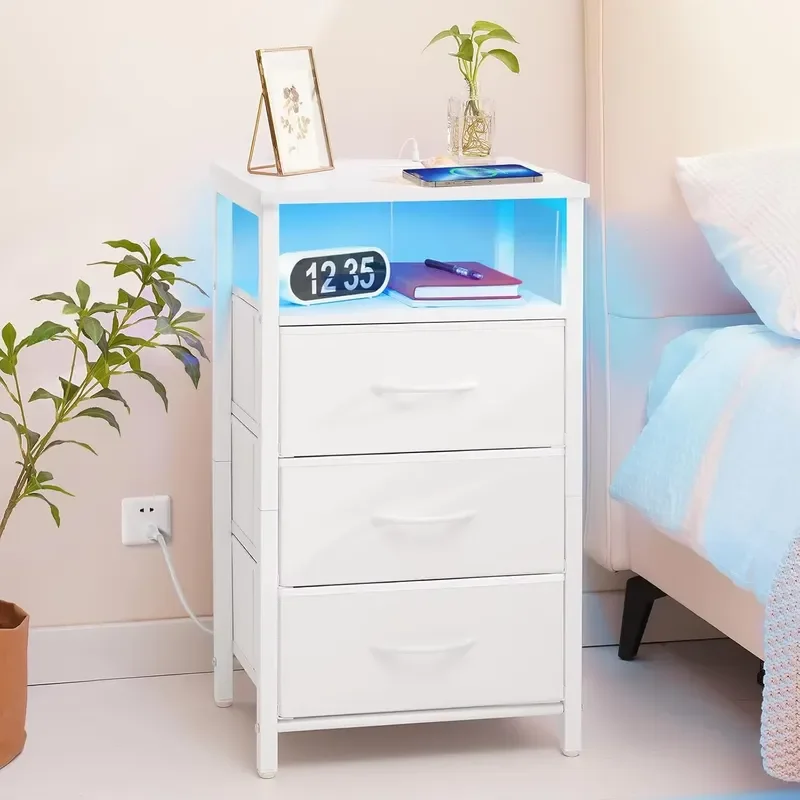 Modern Wooden Nightstand with Charging Station USB Port Socket 16 Color LED Light Side Table 3 Fabric Drawers for Bedroom