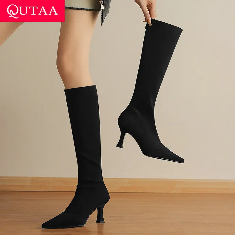 

QUTAA 2026 Fashion News Women Knee High Boots High Heel Stretch Velvet Pointed Toe Long Boots Winter Woman Dress Shoes 34-40