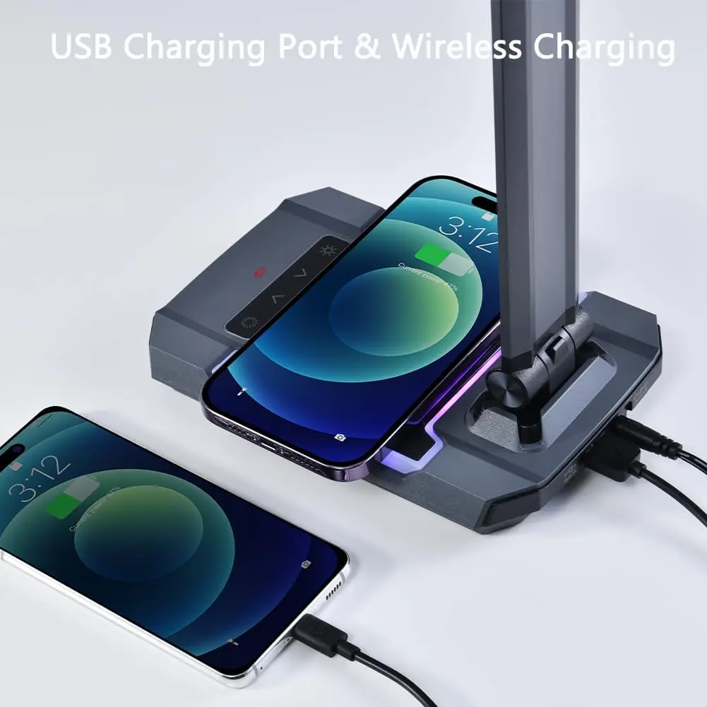 Gaming Desk Lamp with Music Sync RGB, Wireless Charger, USB Port, Adjustable Arm for PC Room Decoration