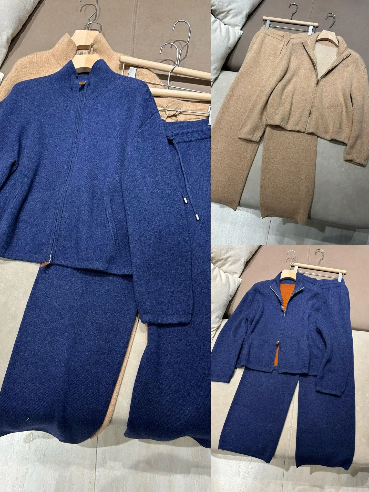 Light Sporty Style Wool Cashmere Blend Two Piece Set Women Autumn Stand Collar Zipper Cardigan Wide Leg Pants
