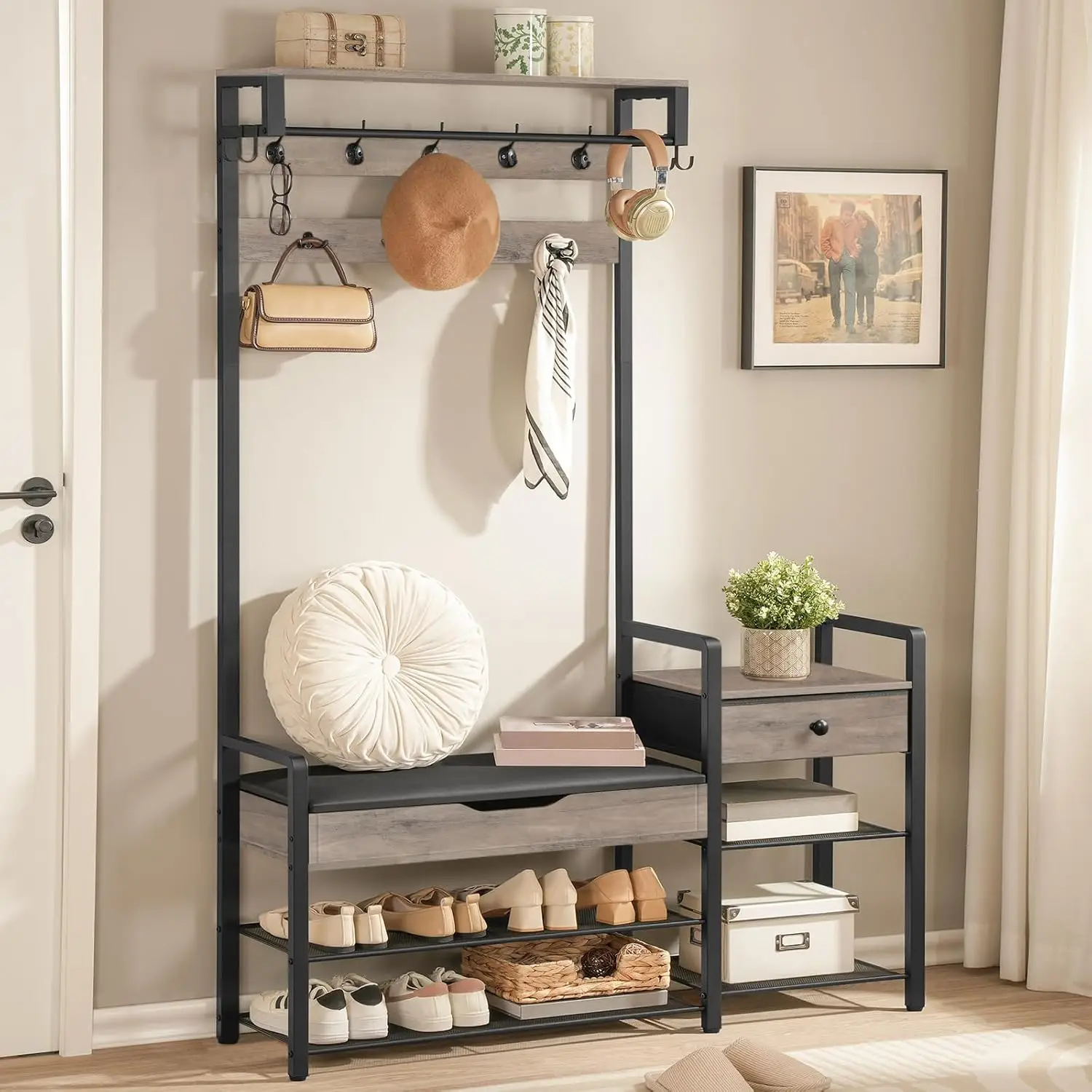 

Соберите настенные шкафы для скамеек, полки для обуви и головных уборов, вешалку для одежды со скамейками и откидные ящики для хранения.