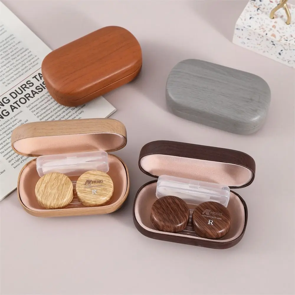 Dual Compartment Contact Lens Case Wood Grain Myopia Companion Portable Lens Case Compact Size Lens Storage Box For Travel