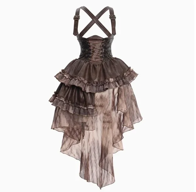 Original Dark Steampunk Asymmetric Dresses Jsk Women Autumn Maillard Chest Strap Trail Dress Brown Light Lolita Suspender Dress