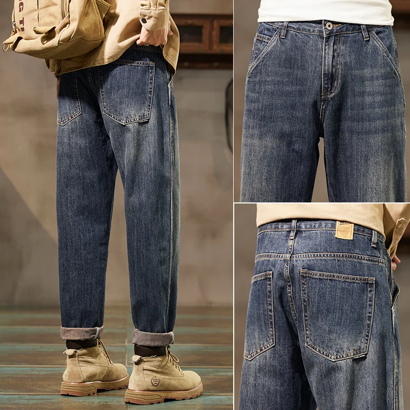 

2023 Spring Summer Office Business Jeans Men Classic Blue Cotton Stretch Straight-leg Denim Pants Male Brand Trousers A03