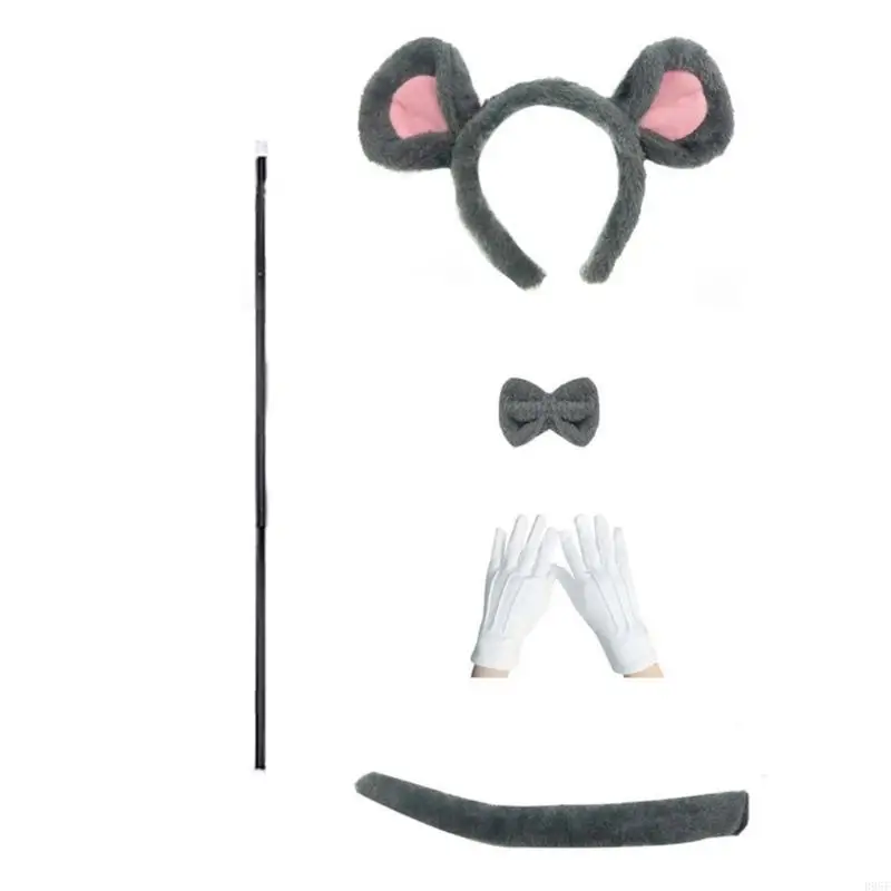 Accessoires Costume souris B95F, oreilles souris, bandeau, queue, canne aveugle pour Halloween, déguisement fête