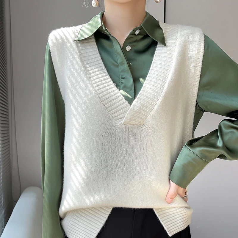 Hot Sale 2023 Autumn Winter New Women Waistcoat 100% Cashmere Knit Pullovers Vest Sleeveless Sweater Female Soft Warm Outwear