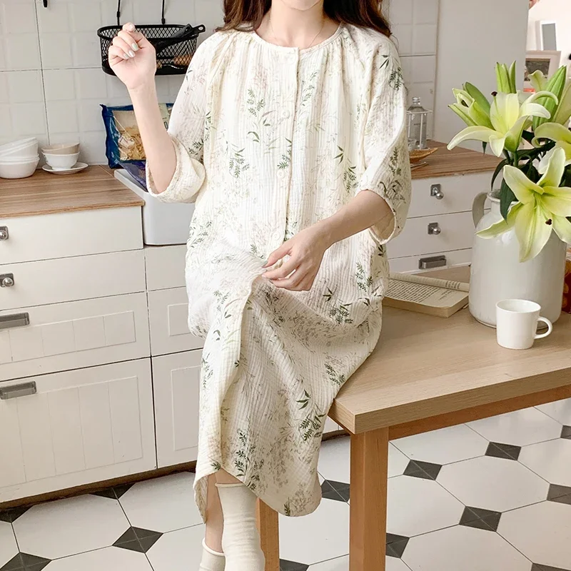 100% Cotton Double Gauze Nursing Nightdress for Maternity Summer Soft Thin Floral Printed Sleepwear Pregnancy Home Hospital Wear