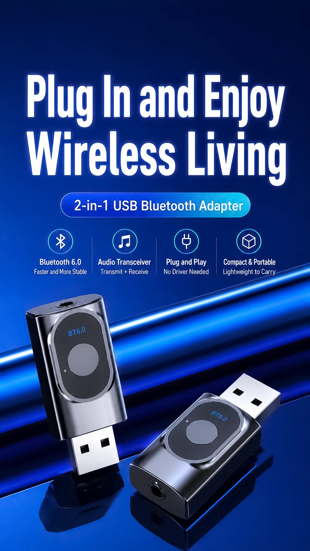 KEBIDUMEI 2 IN 1 Bluetooth 6.0 Audio Transmitter Receiver 3.5mm AUX USB Dongle With MIC Music Wireless Adapter For Car/TV/PC