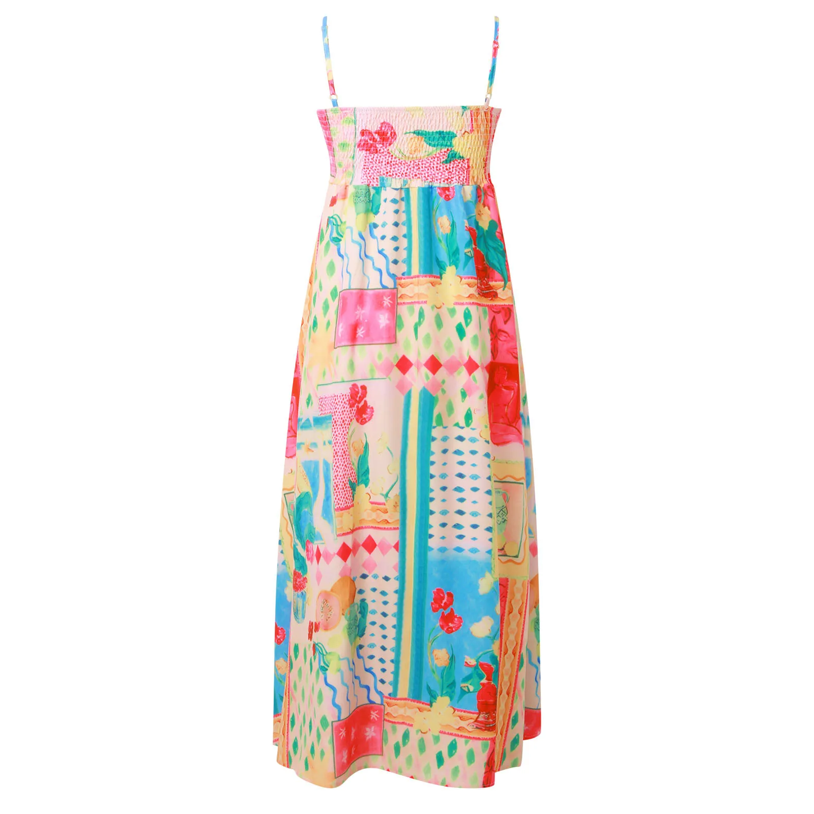 Frauen Bunte Print Boho Kleid Sexy A-Line Big Swing Rückenfreie Ärmel Sling Kleider Robe Mode Strand Urlaub Kleid