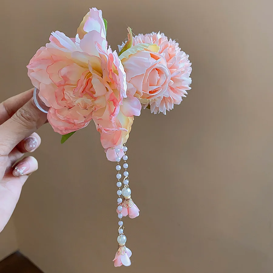 Exquisite Pink Fabrci Flower Hair Clips for Women's Sweet Long Tassel Hairpins Imitation Pearl Cheongsam Barrettes for Lover W image 2