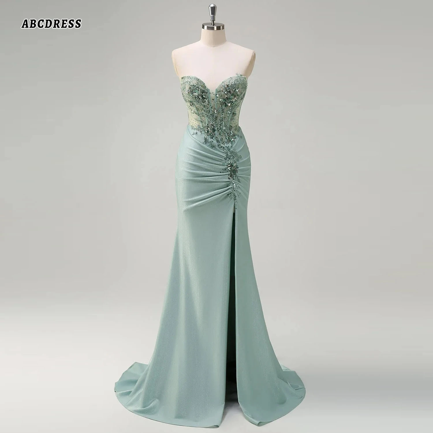 Customized Grey Green Strapless Long Prom Dress Sequin Appliques Formal Evening Gown with Slit Ruched Wedding Guest Dresses