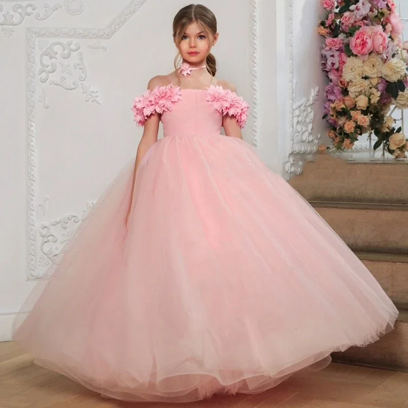 Flower Girl Dresses Pink Tulle Puffy With Flowers And Petals Off Shoulder For Wedding Birthday Party Banquet Princess Gowns