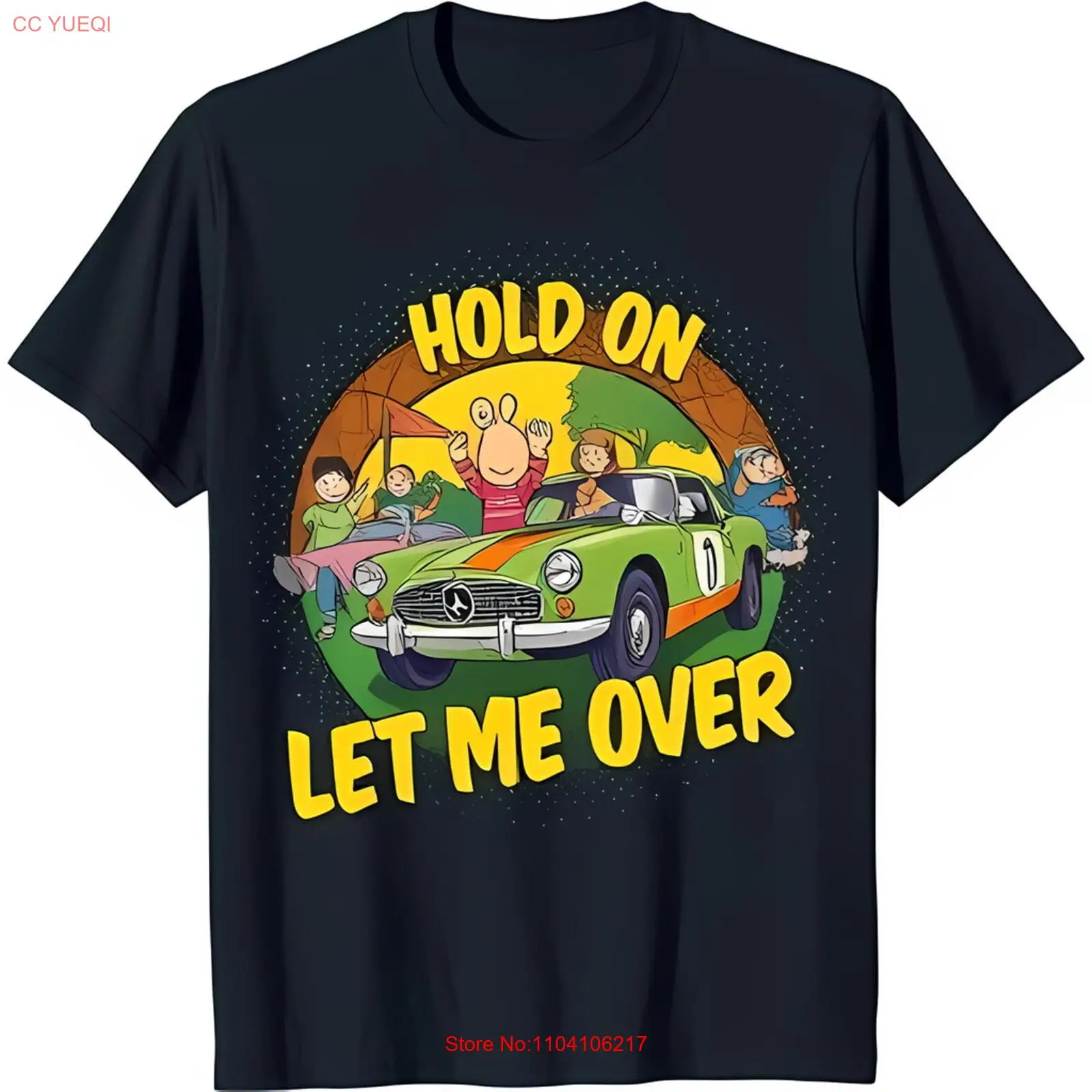 

Black T-Shirt with Colorful Graphic of Speeding Car and Fun Characters