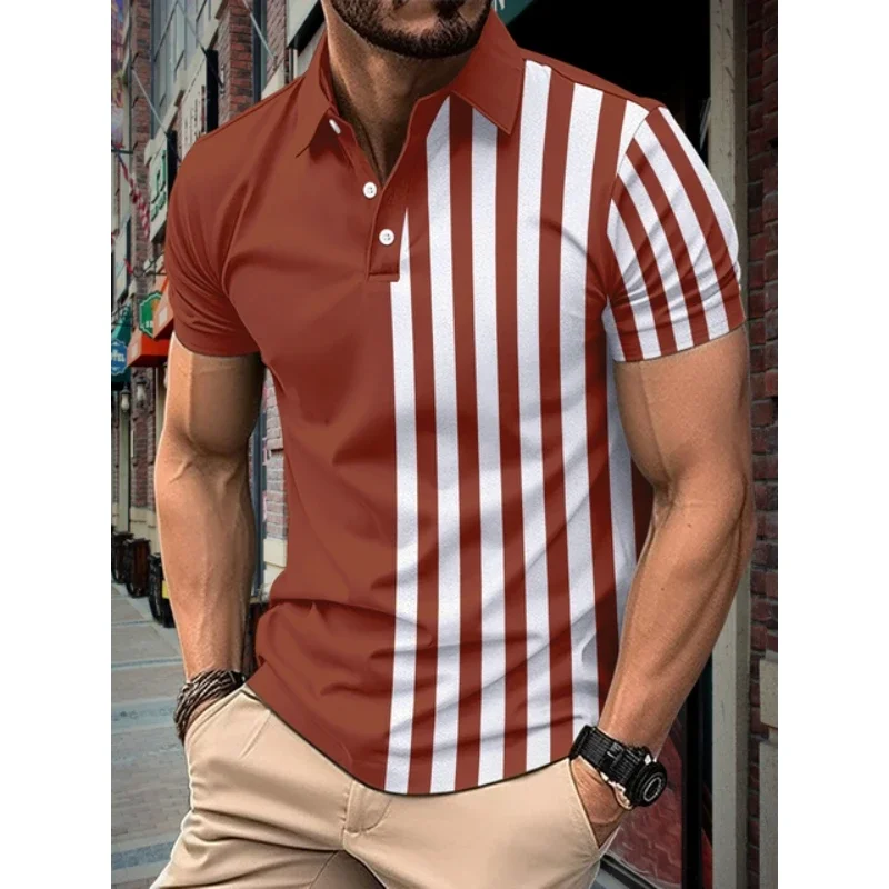 Maglietta Polo con stampa a righe 3D di moda per uomo estate Street Trend Top manica corta camicie Casual con bottoni con risvolto abbigliamento da Golf oversize