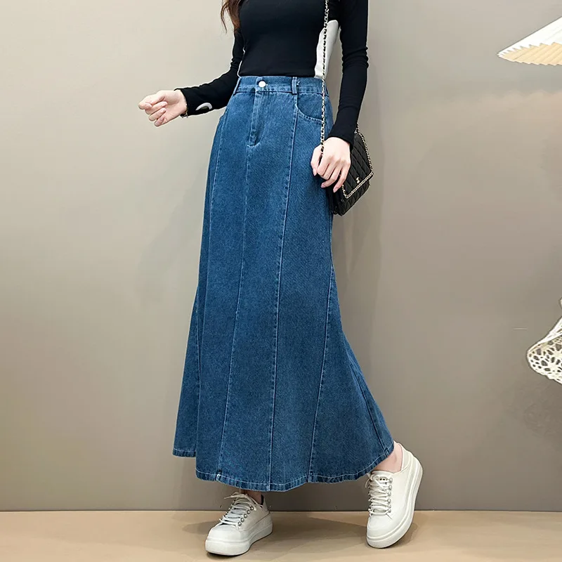 

TFETTERS 2022, осенняя элегантная женская джинсовая юбка макси, длинная юбка трапециевидной формы, утягивающая универсальная повседневная одежда, джинсовая юбка для женщин