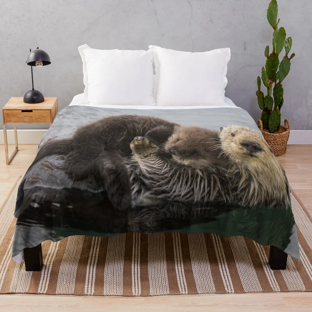 

Sea Otter in water swimming with baby Throw Blanket Flannel Blanket Beautiful Blankets Winter bed blankets