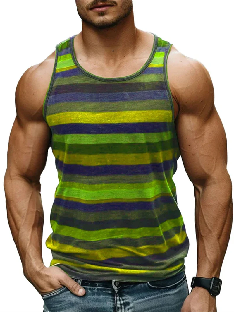 Vintage Stripe Graphic Tank Tops For Men Fashion Casual Summer Sleeveless 3D Printed Vest Loose Crew Neck Quick Dry Sports Tees