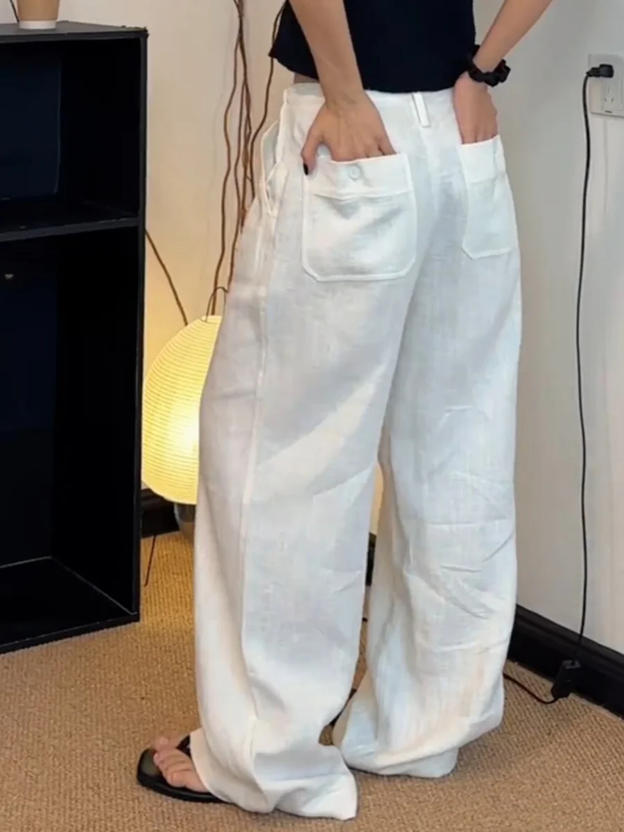 Plones de lino blancos para mujer, plones de pierna ancha informs hoados de lino y aodón fino de verano, p...