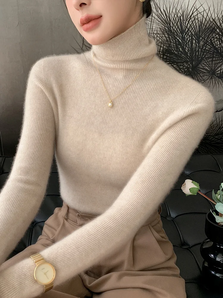 Dolcevita in lana tinta unita maglione abbigliamento donna autunno/inverno slim fit manica lunga camicia base lavorata a maglia a strati top da donna