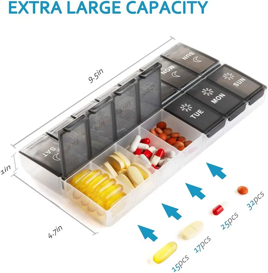 XL Large Daily Pill Organizer,Weekly Day Night Vitamin Holder,Medicine Organizer,Big Pill Container, Medication Dispenser