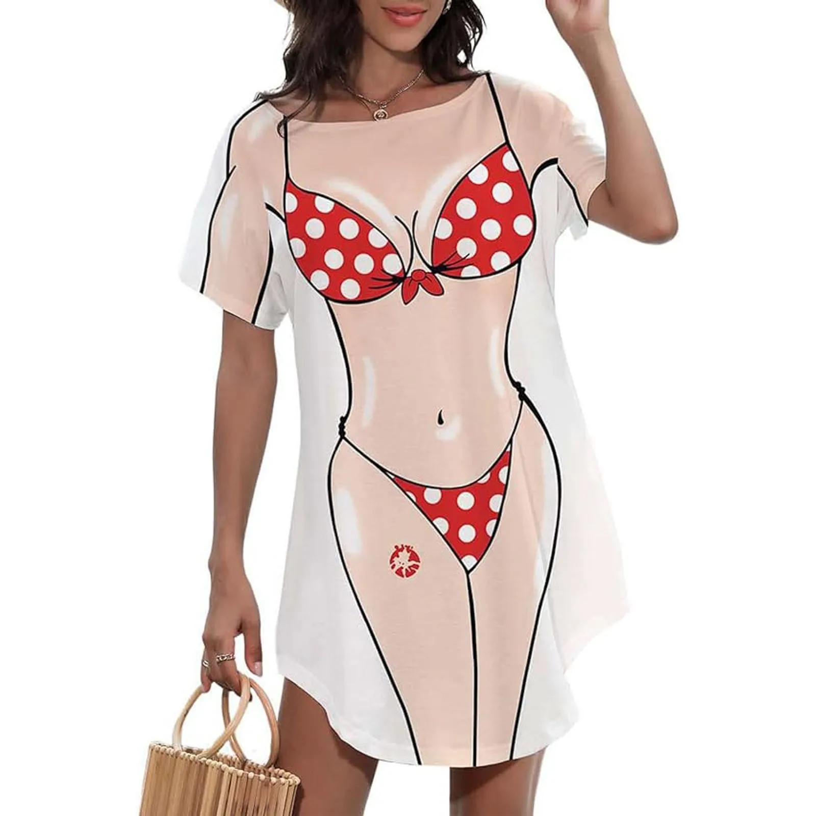 Vestido bonito con estampado de Bikini para mujer, camiseta, vestido holgado de manga corta, ropa de baño divertida para playa, vestido para cubrir para mujer