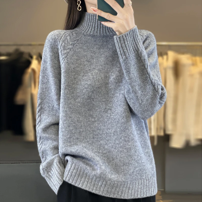 Frauen Pullover Für Winter 100% Merino Wolle Mock Neck Dicke Warme Pullover Twist Blume Langarm Reine Wolle Stricken Koreanische Mode