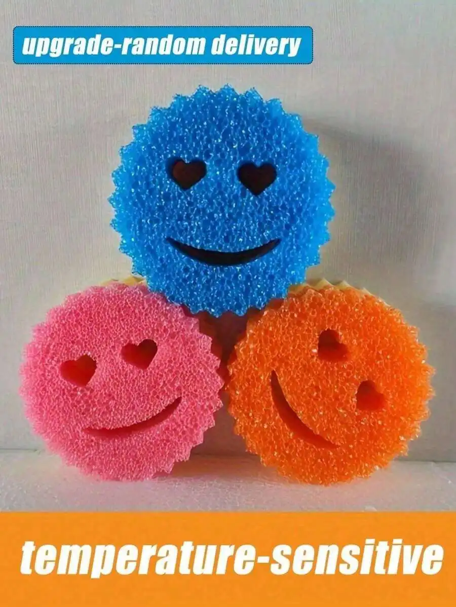 

3pcs Temperature Sensitive Smiling Face Scrubbing Sponge For Kitchen Dishes Non Scratch Cleaning Pad