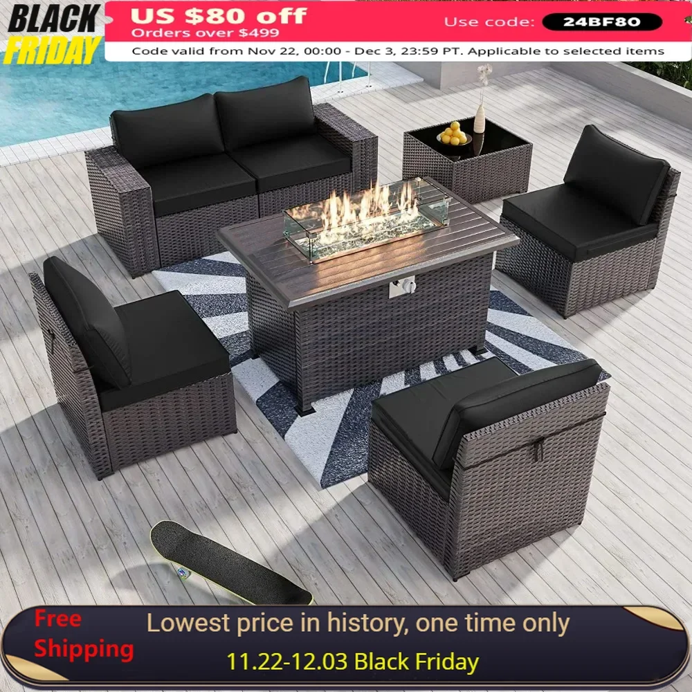 

7 Pieces Outdoor Patio Furniture Set with 43" 55000BTU Gas Propane Fire Pit Table Rattan Sectional Sofa Patio Conversation Sets