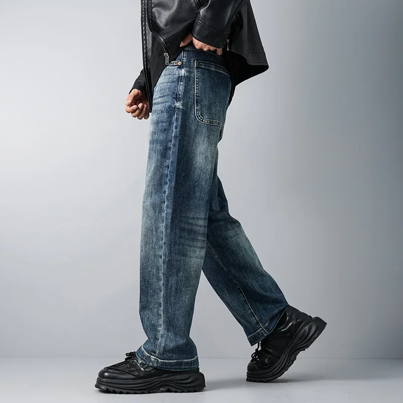

LIBIELIY Four Seasons Men's Retro Blue Jeans Pants Casual Washes Straight Dark Blue Wide Leg American Denim Trousers Male Street