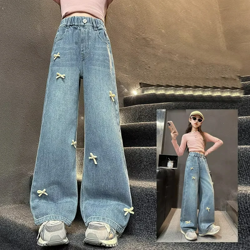 2025 New Spring&Autumn Girls Jeans Kids Three-dimensional Bow Denim Pants Teen Children Straight Leg Loose Wide-leg Pants