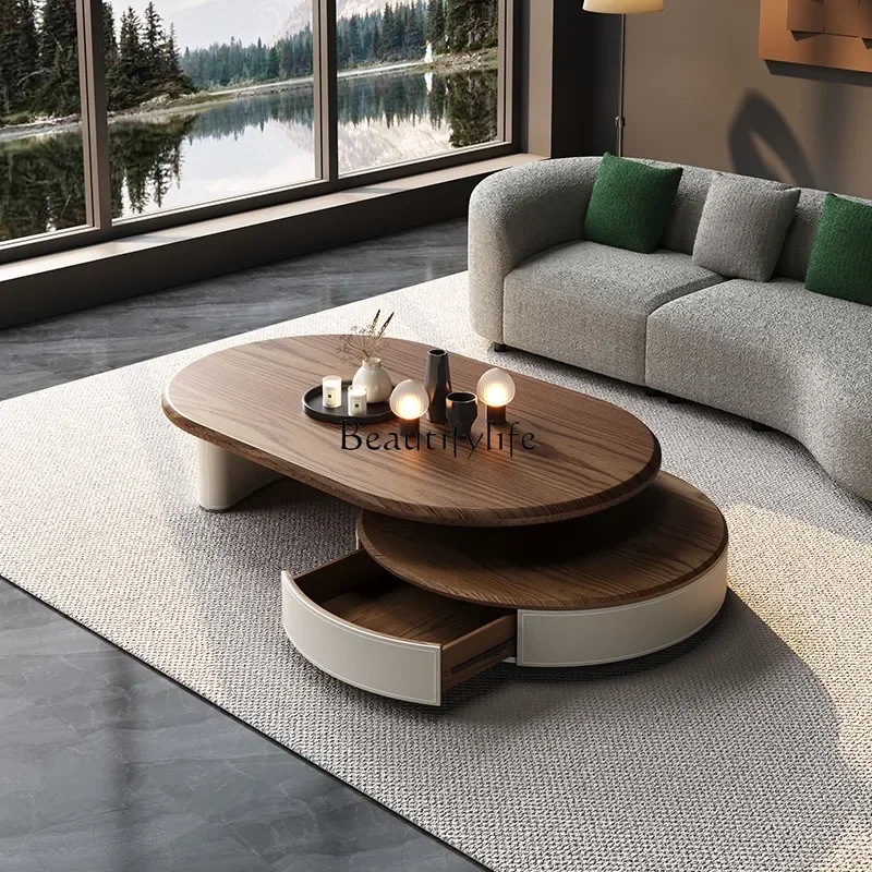 

yj32 Retro style walnut pattern retractable round coffee table solid wood home