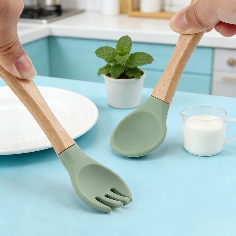 Cuchara y tenedor de silicona para niños, cuchara de entrenamiento para comer para bebés, vajilla suave, tenedor, alimentación infantil de calidad alimentaria