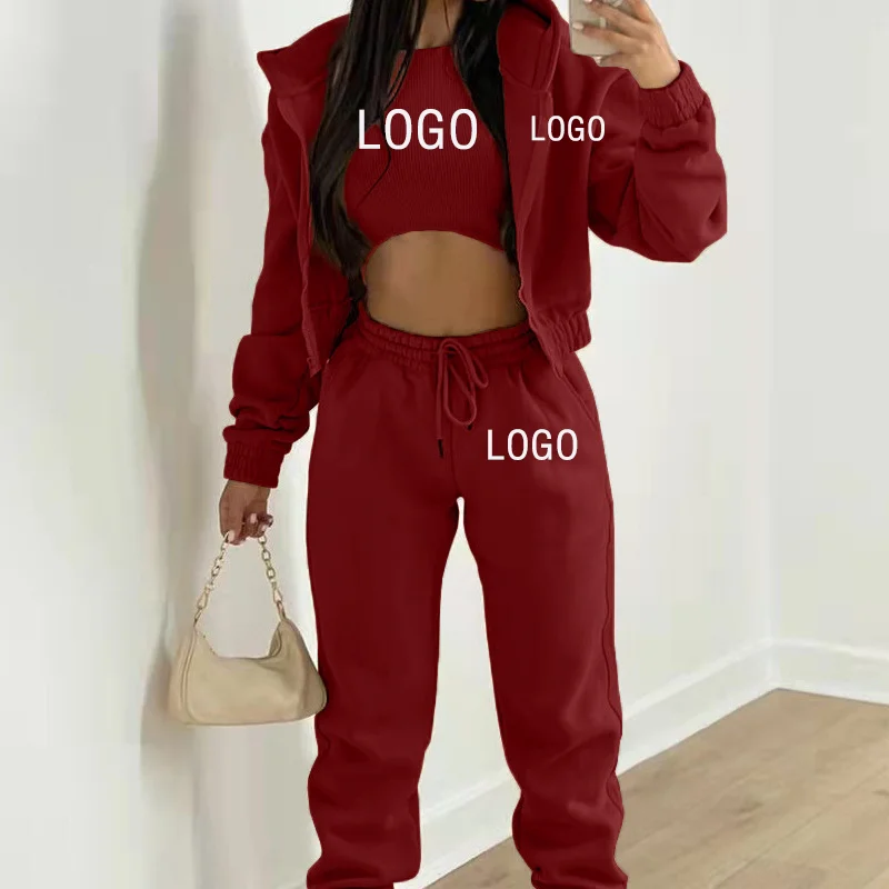 CustomLogo AutumnWomen 3Piece Set Solid Color Sportswear Fashion Zipper Sweatshirt Jogger Hoodies+Pants+vest Outfits Female Suit