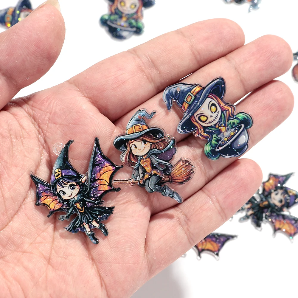 10pcs Halloween Cute Witch Acrylic Print Charms Gothic Poison Bat Girl Pendant for DIY Earring Keychain Jewelry Accessories