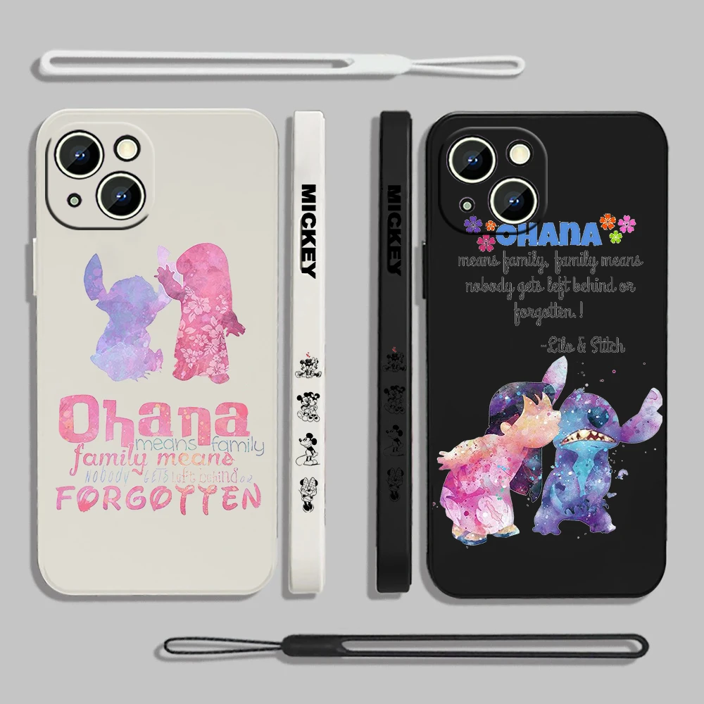 Disney Stitch Angie For iPhone 15 14 13 12 11 Pro Max 8 7 Plus XR XS X Liquid Left Rope Phone Case