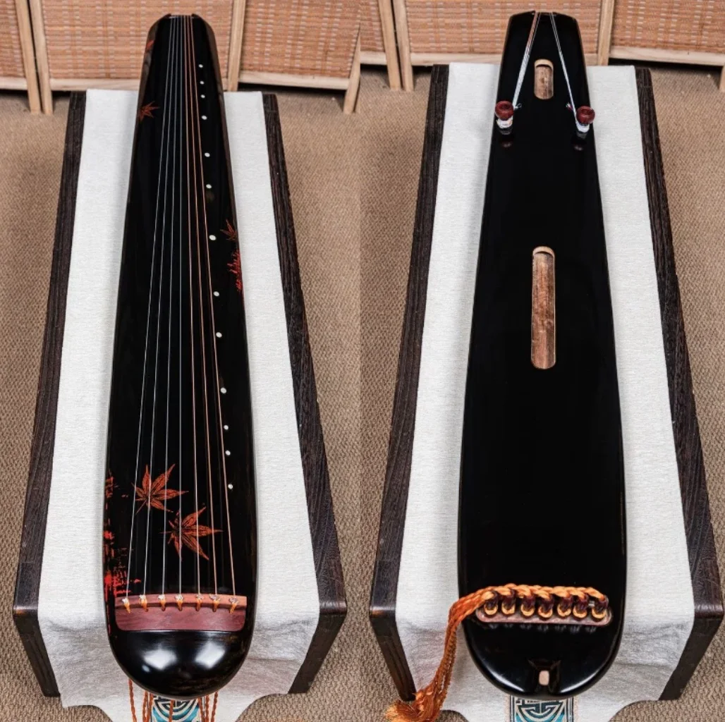 Hundun Style Guqin Aged China Fir Wood Pure Raw Lacquer Hand-painted Maple Leaf Pattern Traditional Chinese String Instrument