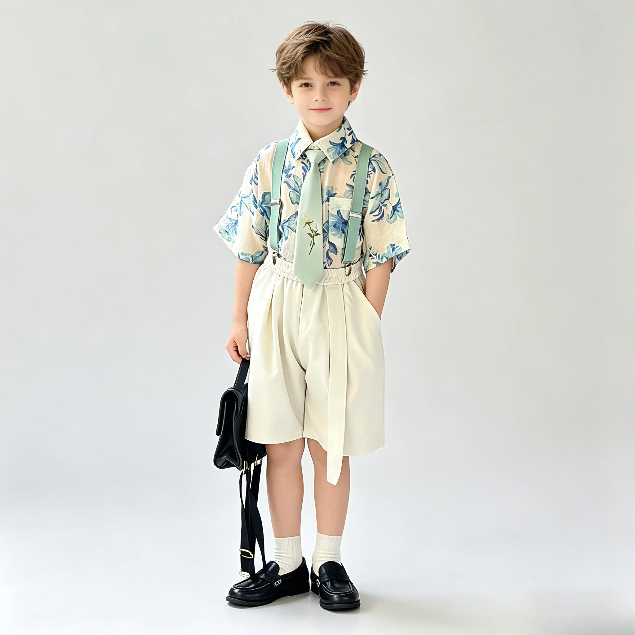 Boys Floral Print Set Blue Shirt + White Shorts with Tie+Suspenders for Birthday Party Wedding Summer Vacation Beach Kids Outfit