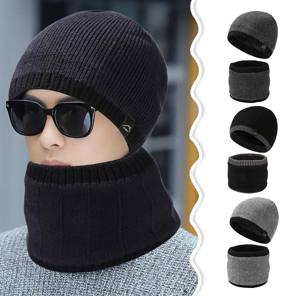 Fashion Warm Hat Scarf Set Fleece Lining Neck Protection Skullcap Riding Hat Winter