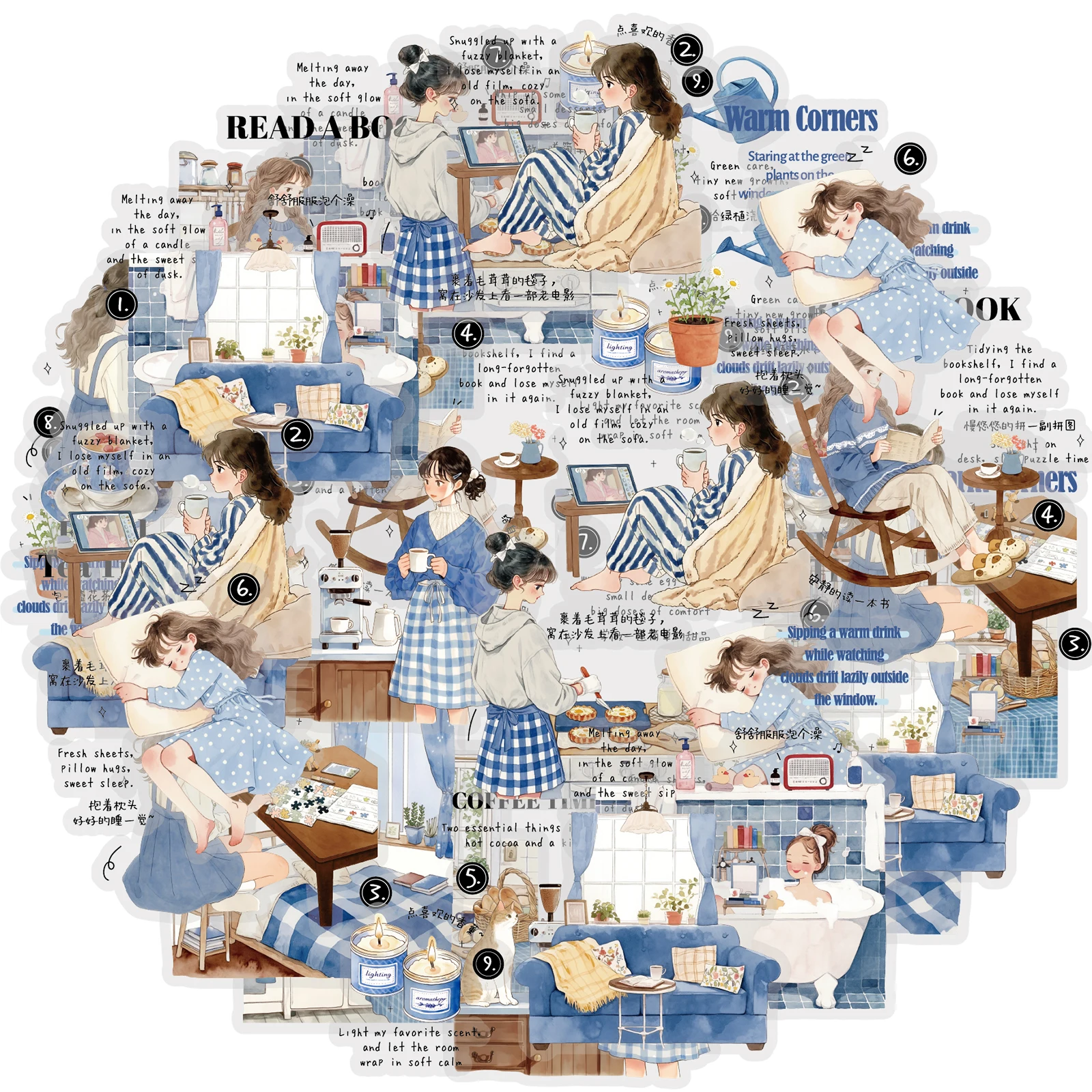 Etori Life Healing Series - Pegatinas decorativas diarias para el hogar, 15 unidades, serie azul, para niñas, adecuadas para diarios, portátiles, maletas, monopatines, guitarras, álbumes de fotos, manualidades, accesorios decorativos de oficina, decoración de habitaciones, sobres y bolsas de regalo, sellos de etiquetas, pegatinas perfectas, ricas en colores