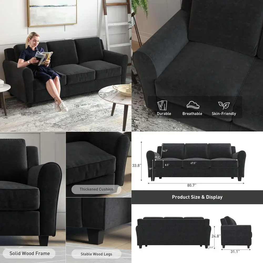 

Трехместный черный диван 80.7 с плюшевыми подушками для гостиной или офиса