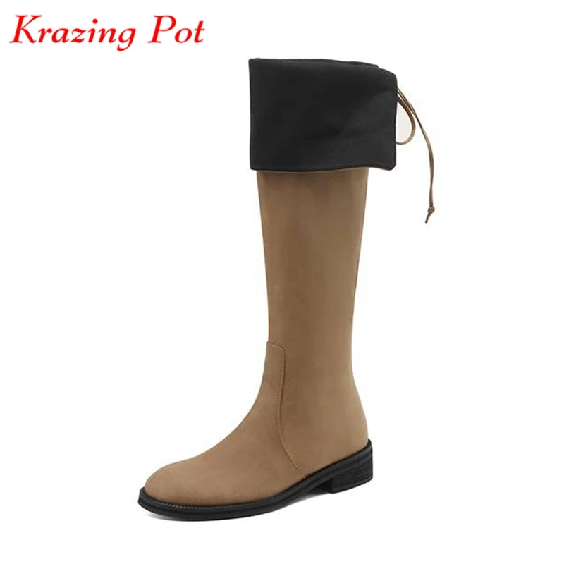 

Krazing Pot Cow Leather Round Toe Med Heels Equestrian Boots Winter Mixed Color Business Casual England Style Thigh High Boots