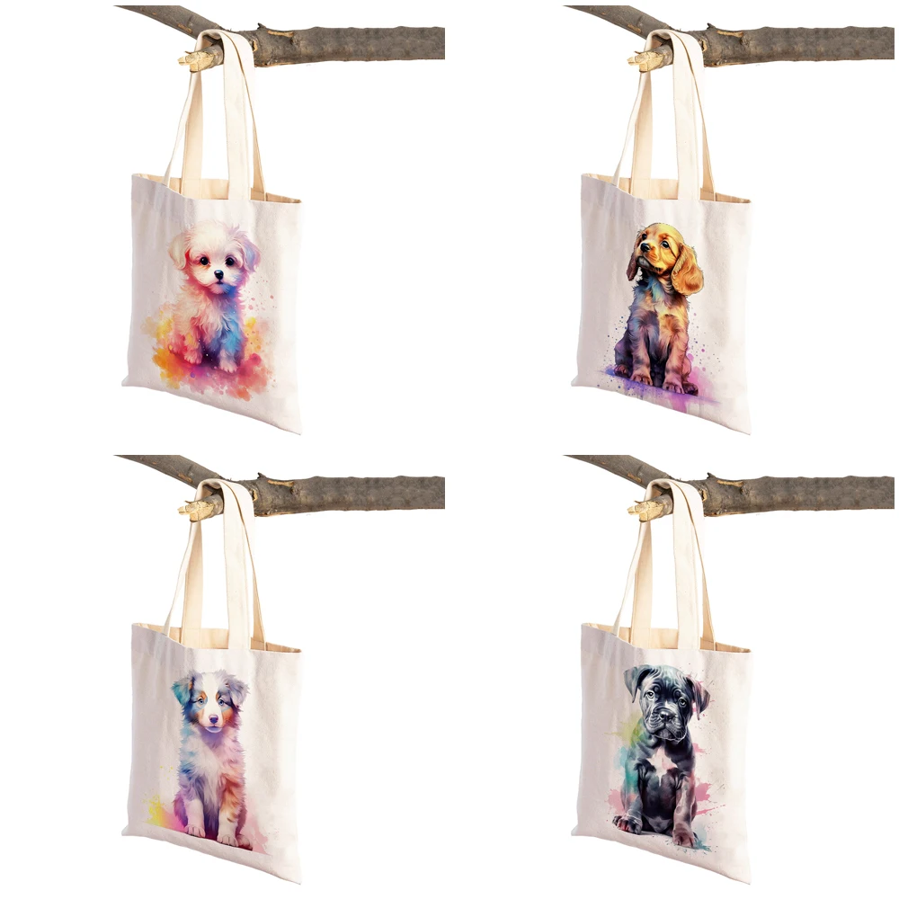 Cute Cartoon Pet Dog Women Shopping Bag Double Print Canvas Tote Handbag Reusable Animal Lady Shopper Eco Shoulder Shopper Bags